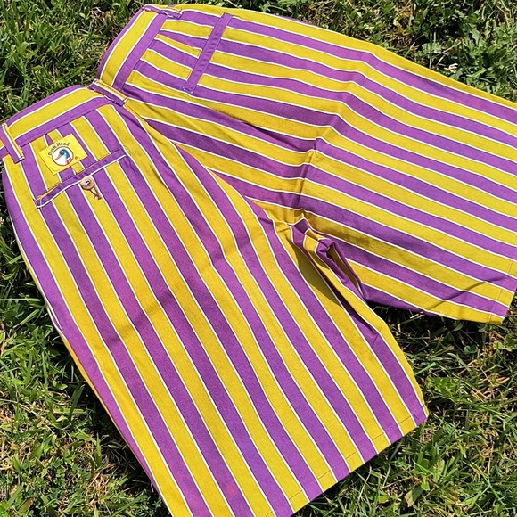 💜 vintage duck head purple, green yellow high waisted striped shorts - Picture 5 of 6